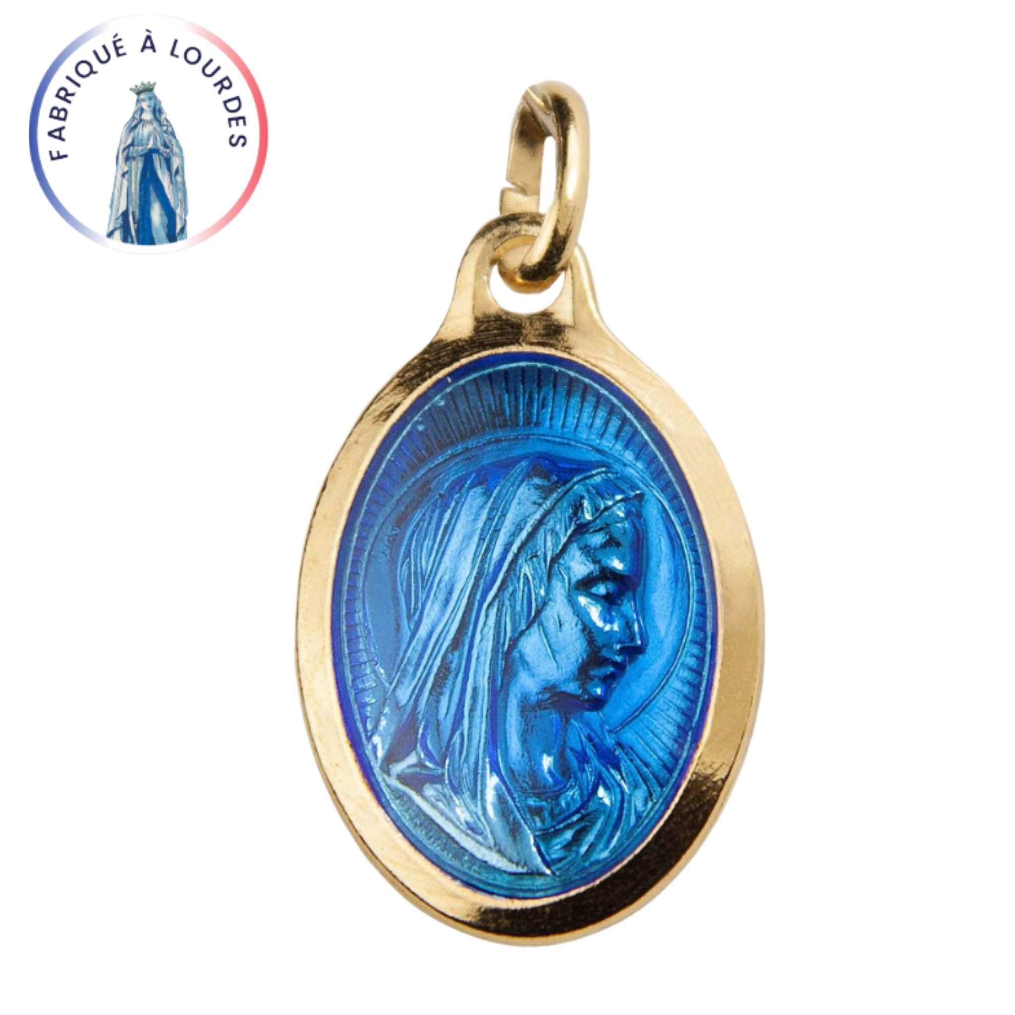 Médaille Vierge dorée ovale émail bleu contenant de l'eau de lourdes - 25 mm - SERAL I Souvenirs de Lourdes