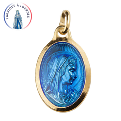 Médaille Vierge dorée ovale émail bleu contenant de l'eau de lourdes - 25 mm - SERAL I Souvenirs de Lourdes