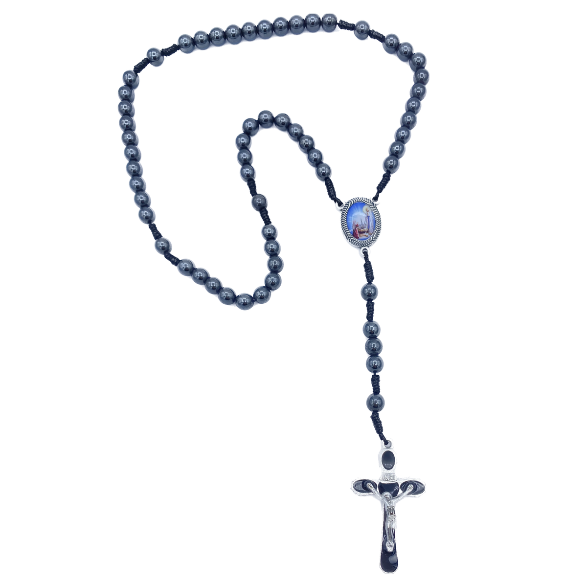HEMATITE ROSARY 8MM ENAMELED CROSS