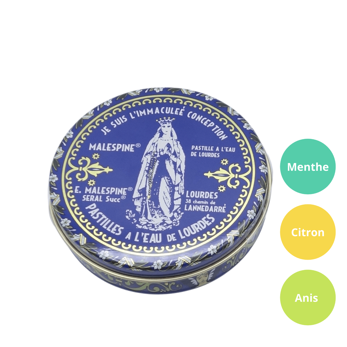 Scatola rotonda in metallo di pastiglie Malespine® con acqua di Lourdes, 100 gr, aroma di menta