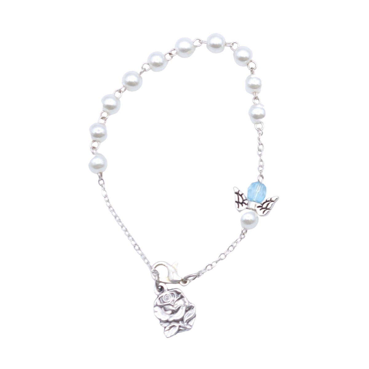 Bracelet imitation perle bleue plus colombe sur chaine