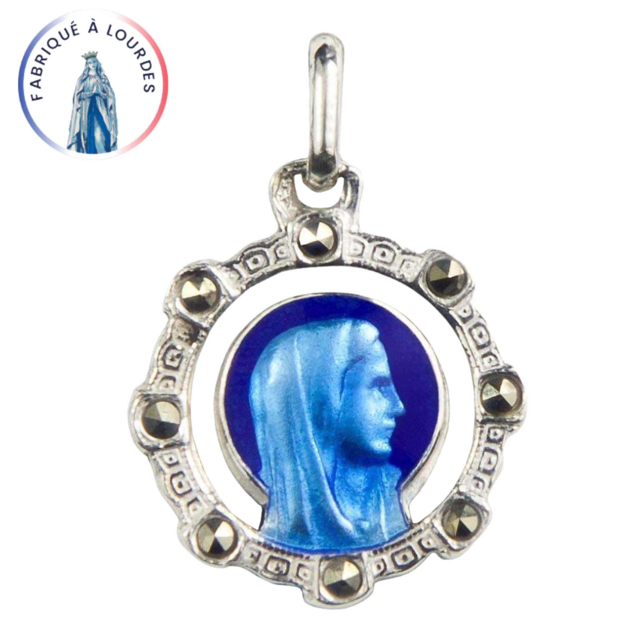 Médaille Vierge Argent 925/000 ronde émail Grand Feu Bleu 2 tons - 12 mm - SERAL I Souvenirs de Lourdes
