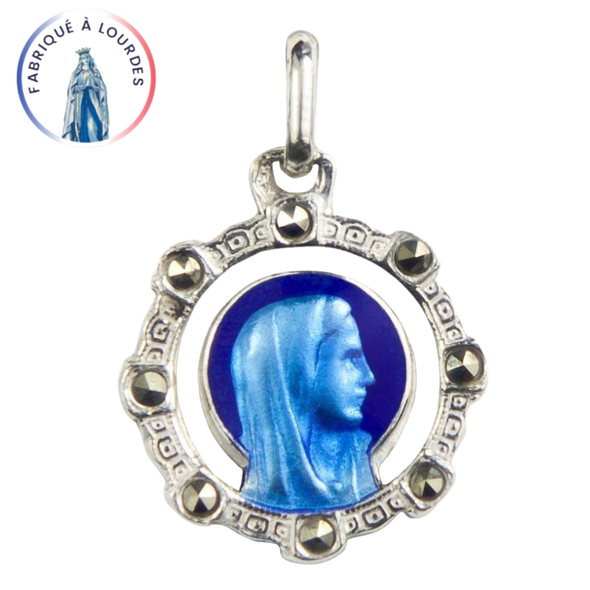 Médaille Vierge Argent 925/000 ronde émail Grand Feu Bleu 2 tons - 12 mm - SERAL I Souvenirs de Lourdes