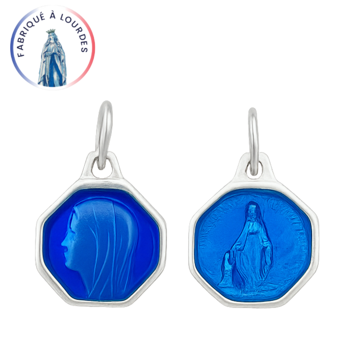 Médaille Vierge de profil, en cuivre argenté, octogonale 12 mm, email grand feu 2 tons - SERAL I Souvenirs de Lourdes