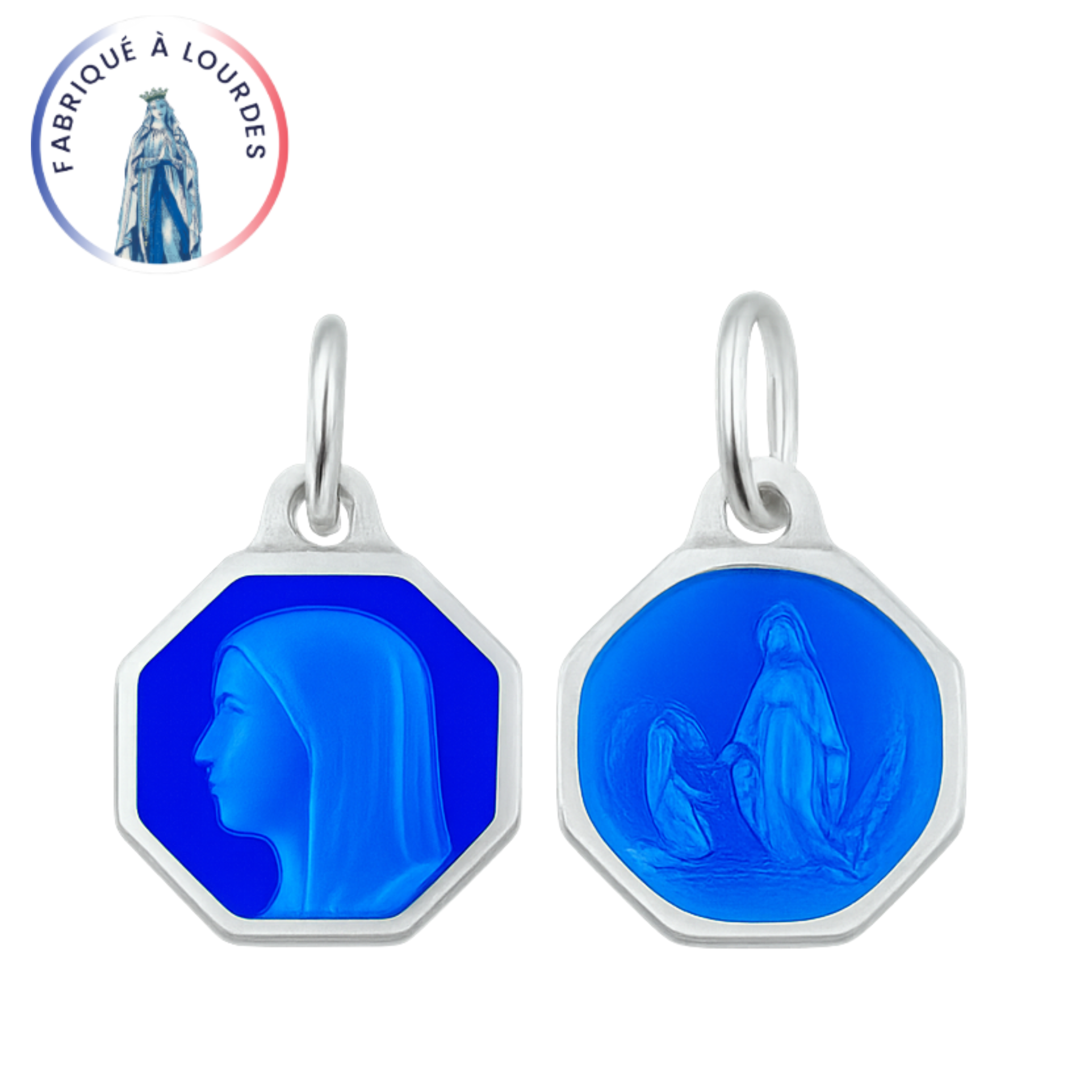 Médaille Vierge, en cuivre argenté, octogonale 15 mm, émail grand feu 2 tons sur les deux faces - SERAL I Souvenirs de Lourdes