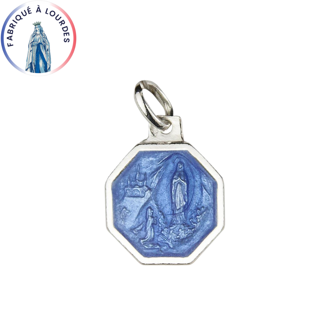 Apparition of Lourdes Medal 925/000 Silver Octagonal 15 mm Large Blue Fire Email