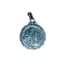 Apparition of Lourdes medal, aluminum, round 17.5 mm, enameled and faceted, containing Lourdes water