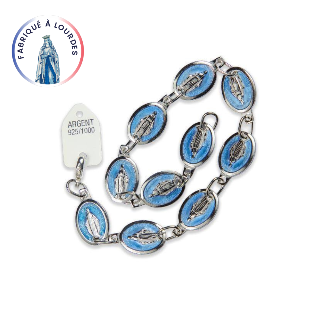 Bracelet Argent 925 10 Méd. Vierge Miraculeuse Argent Fond Bleu