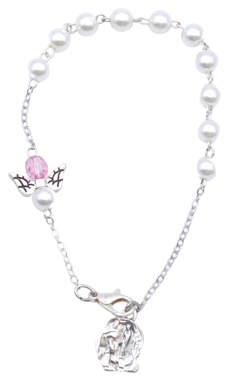 Bracelet imitation perle rose plus colombe sur chaine