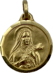 Médaille ronde 15mm Sainte Thérèse en laiton dorée, facettée