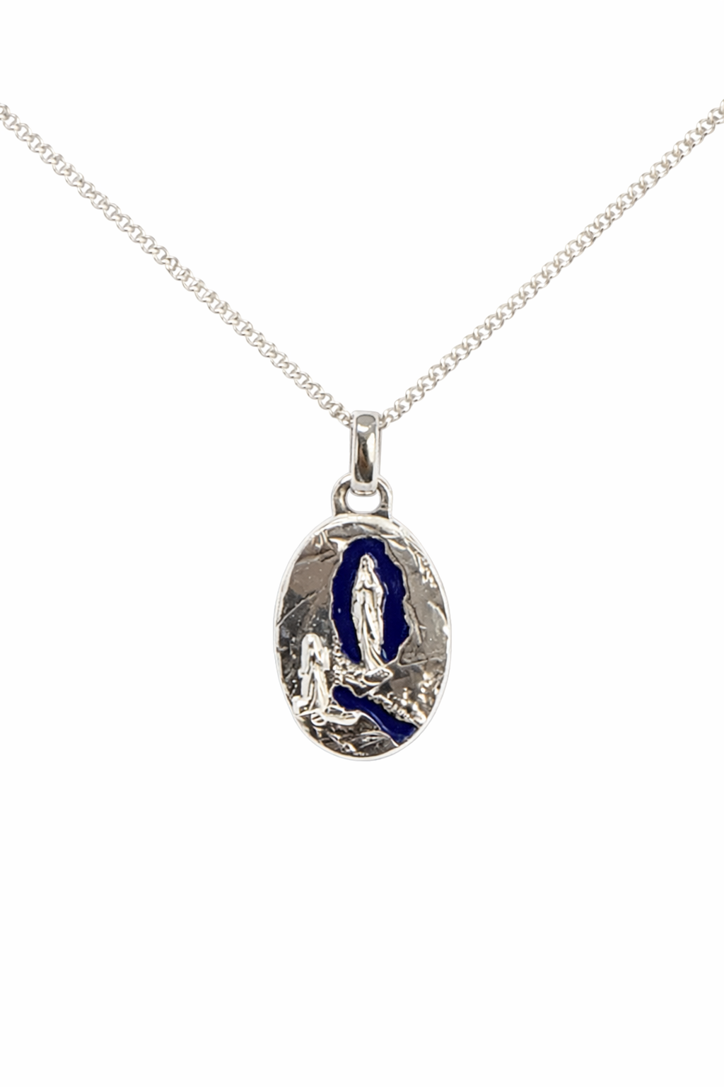 Parure argentée composée d'une médaille ovale apparition emmaillée 20x13 mm et d'une chaine en 45 cm