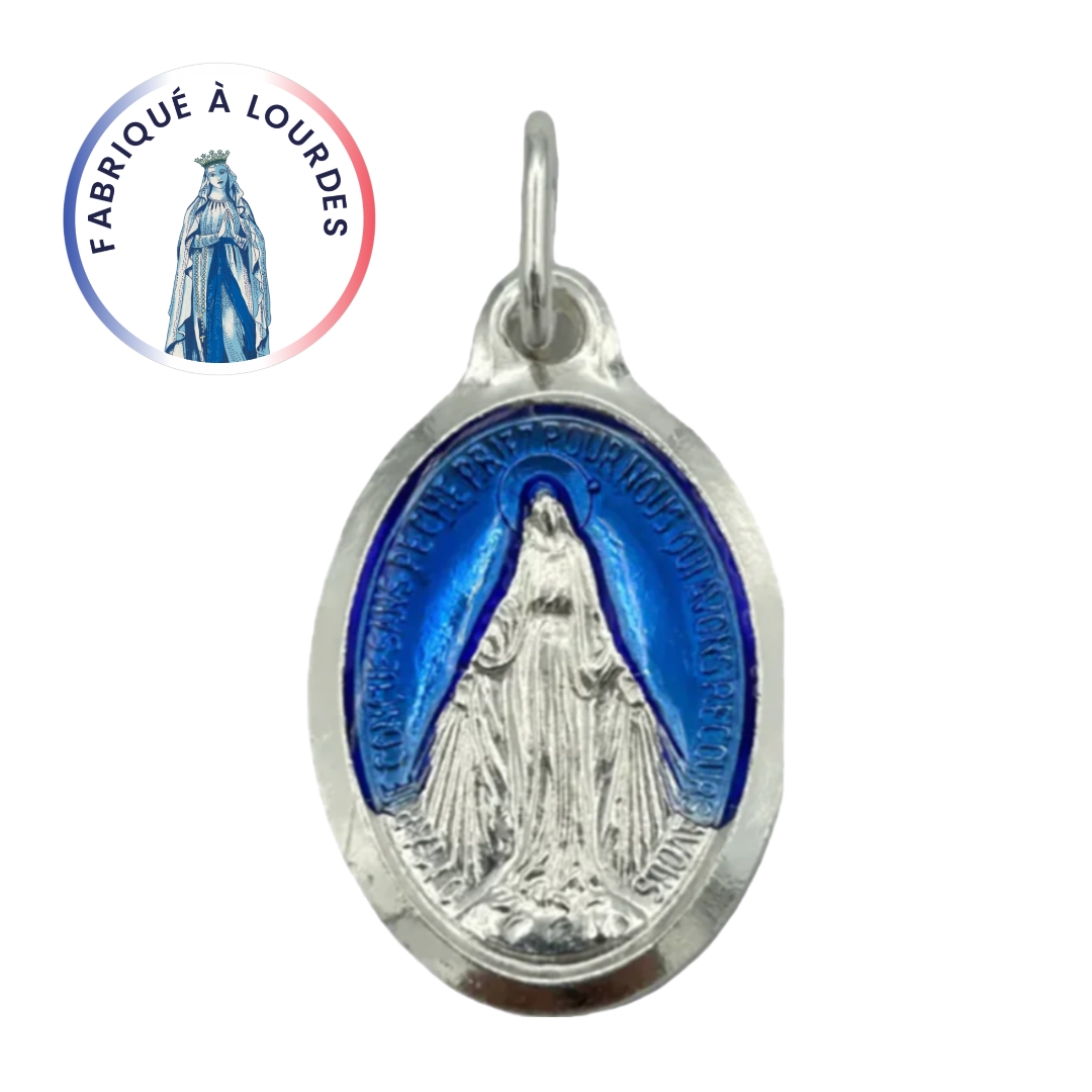 Médaille miraculeuse, métal argenté, Ovale 25 mm, émail bleu