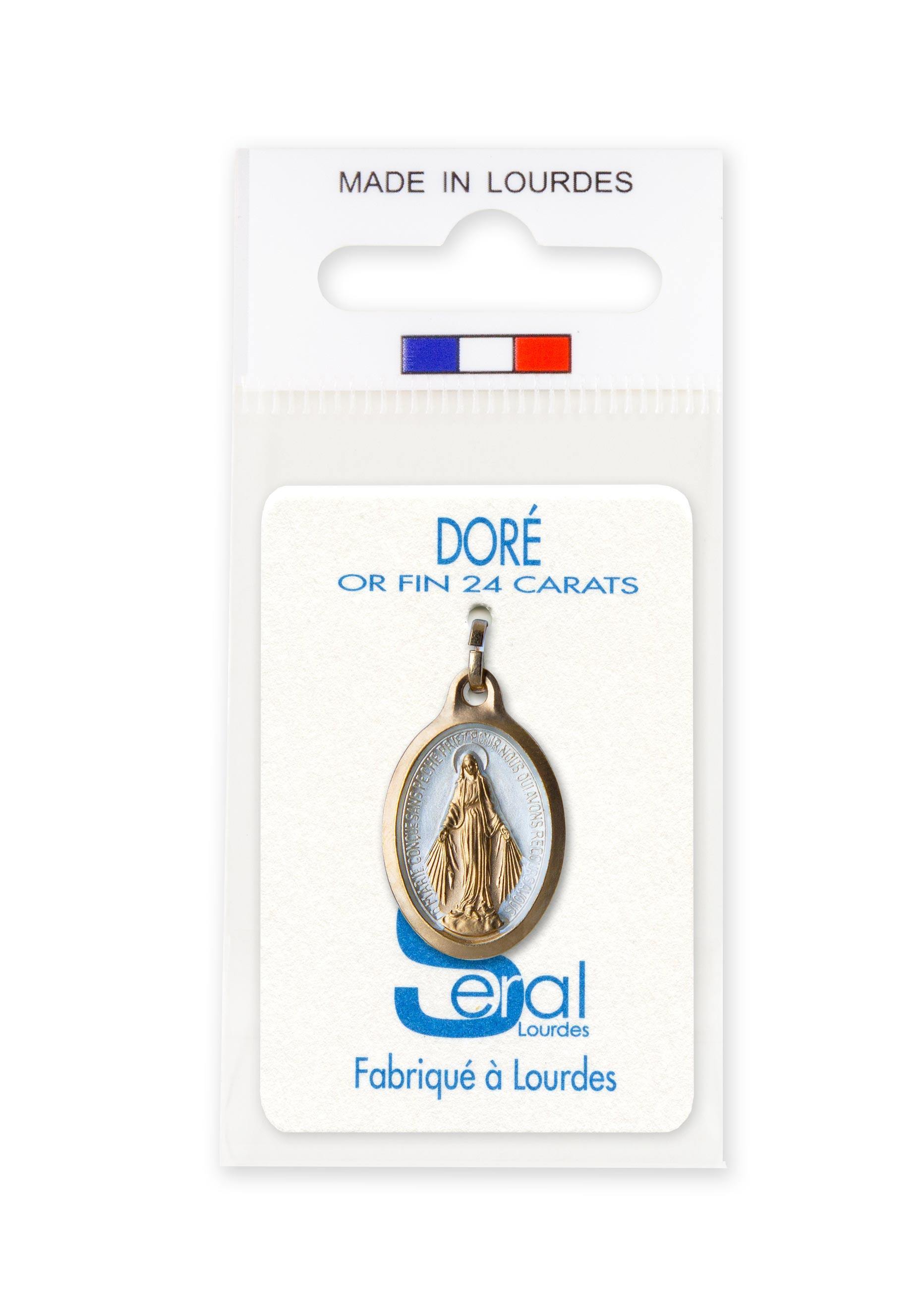Médaille Vierge miraculeuse Ovale Dorée or fin 24 carats, fond blanc - Souvenirs de Lourdes