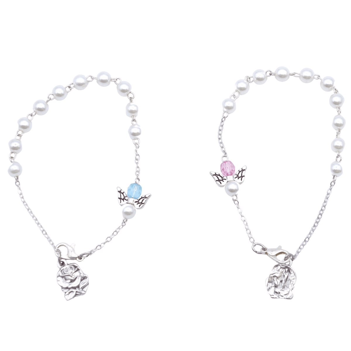 Bracelet imitation perle rose ou bleue plus colombe sur chaine (prix à l'unité) - Bracelet imitation perle rose ou bleue plus colombe sur chaine (prix à l'unité)