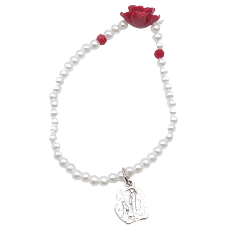 Bracelet élastique imita perle et roses sur élastique - Bracelet élastique imita perle et roses sur élastique