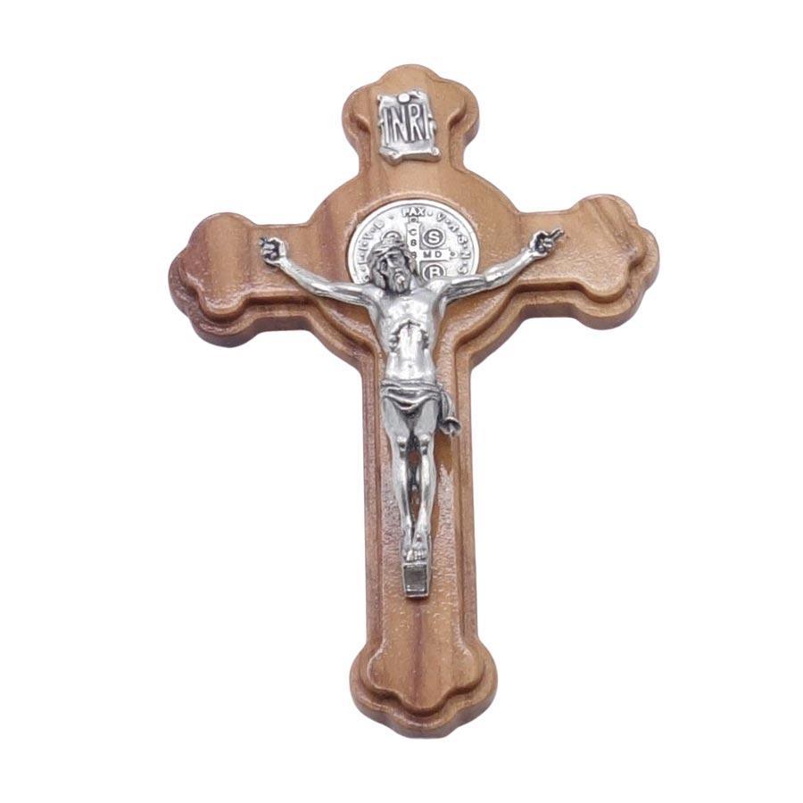 Crucifix Saint Benoît bois foncé verni 10x7 cm Christ patiné Crucifix Souvenirs de Lourdes