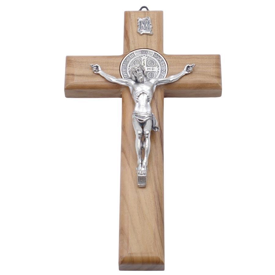 Crucifix en bois d'olivier mural St Benoit 18x10 cm. Crucifix Souvenirs de Lourdes