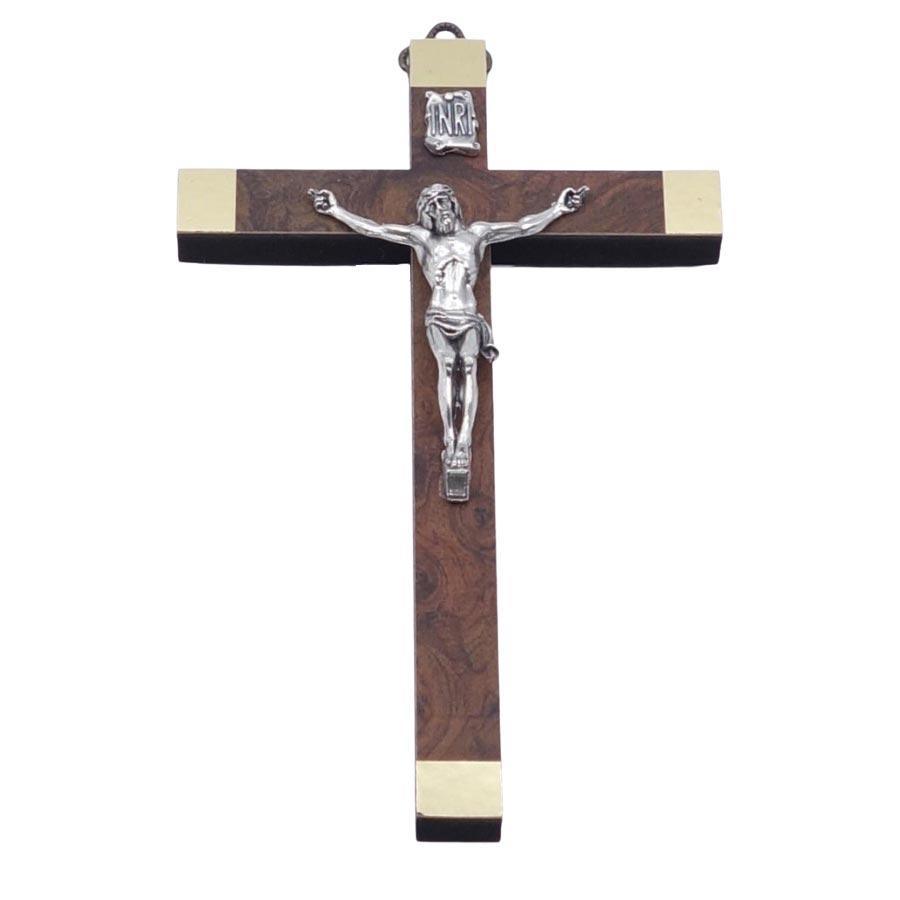 Crucifix métal bois foncé - Christ argenté patiné 18x11 cm Crucifix Souvenirs de Lourdes