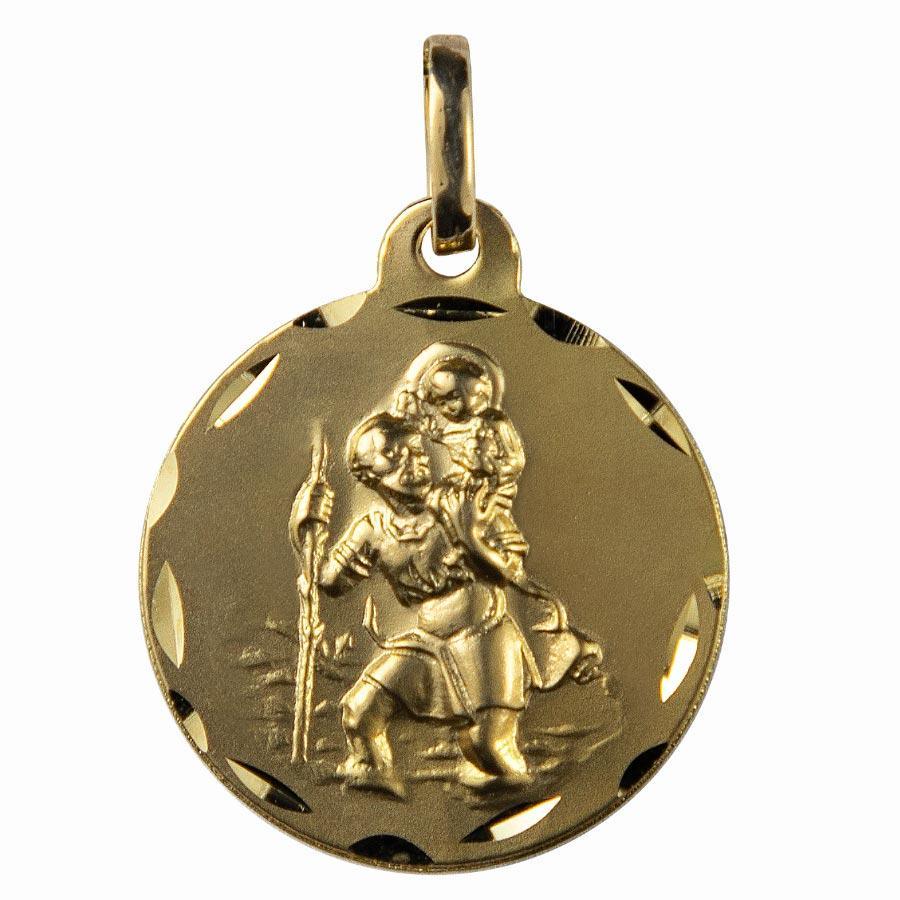 Médaille Saint Christophe or 9 carats ronde 20mm médaille Souvenirs de Lourdes