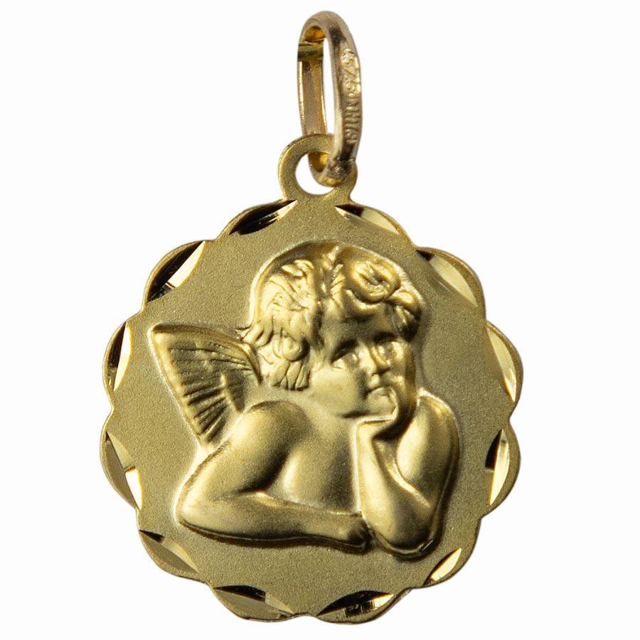 Médaille Ange Or 9 carat Ronde 15mm Bords Lapidés médaille Souvenirs de Lourdes