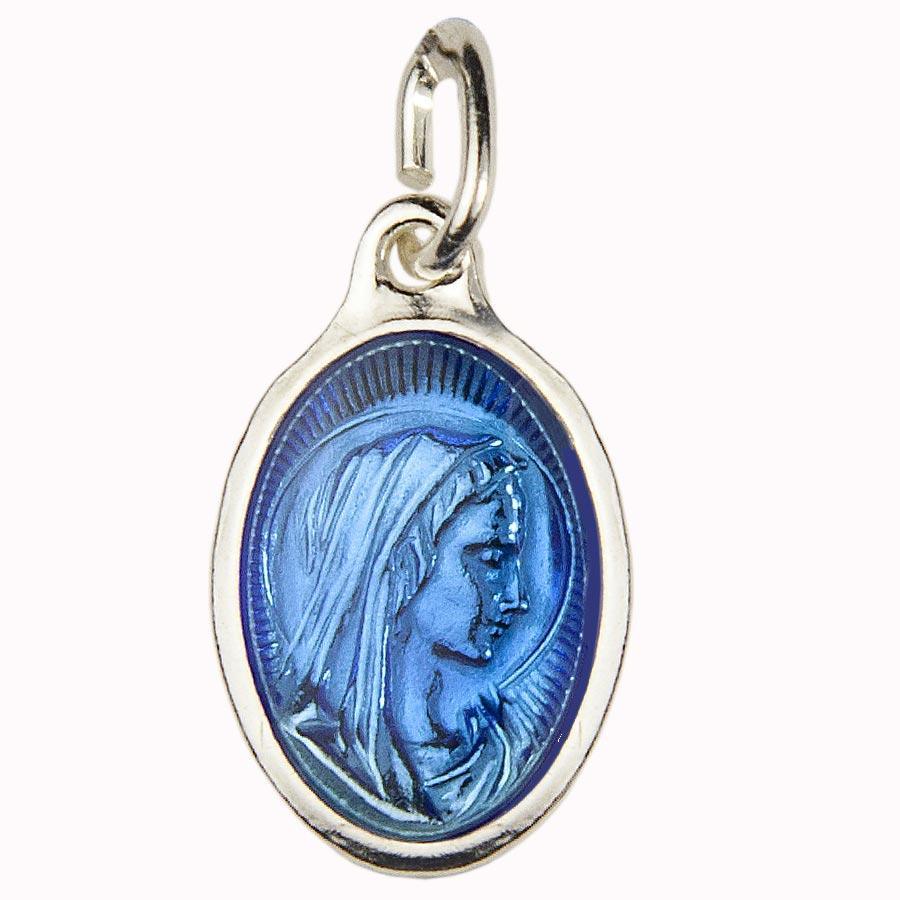 Médaille Laiton Argenté Vierge de Profil Ovale 25 mm Epoxy Bleue médaille Souvenirs de Lourdes