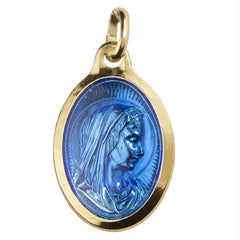 Médaille Laiton Doré Vierge de Profil Ovale 20 mm Epoxy Bleue médaille Souvenirs de Lourdes
