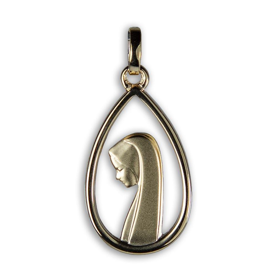Médaille Vierge de Profil Argent plaqué-or 3 microns forme de poire intérieur découpé médaille Souvenirs de Lourdes