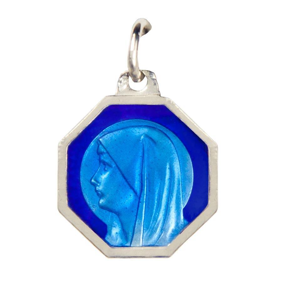 Médaille Vierge de Profil Argent 925/000 Octogonale 8 mm Email 2 Tons Bleu médaille Souvenirs de Lourdes