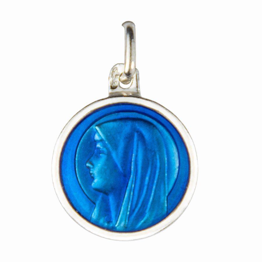 Médaille Profil de la Vierge Argent 925/000 ronde 15 mm Email Bleu - Souvenirs de Lourdes