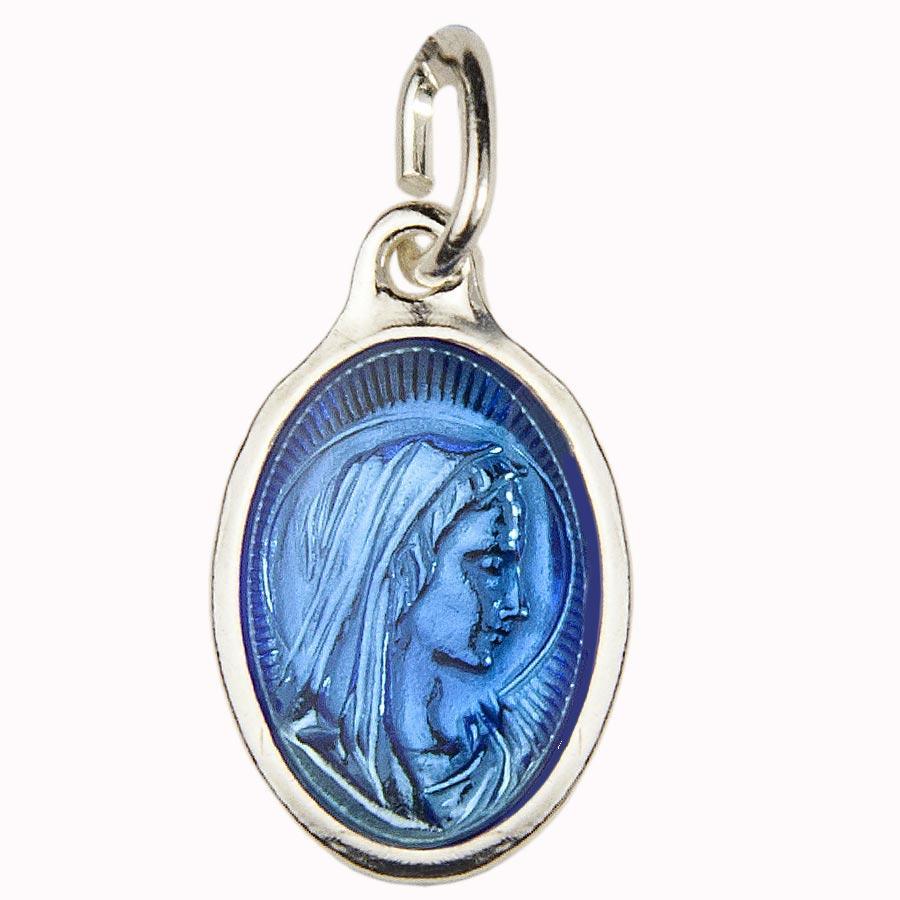 Médaille Laiton Argenté Vierge de Profil Ovale 17mm Epoxy Bleue médaille Souvenirs de Lourdes