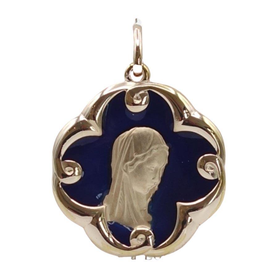 Médaille Vierge de profil plaqué-or 3 microns forme de fleur époxy bleue 30x30 mm médaille Souvenirs de Lourdes